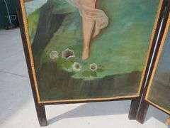 Old bifold painted canvas modesty screen.  Each of the two panels is 66" x 28".  Unsigned. Excellent