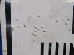 Plastic like No Hunting or Shooting sign that has been hunted