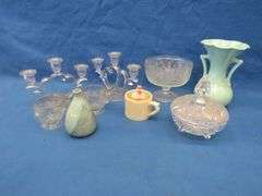 Glass candlesticks, Bauer vase, and more