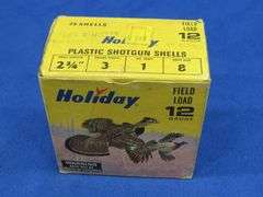 25 Holiday 8-shot, 12-gauge rounds in a vintage Holiday box with art design by Les Kouba, shells are