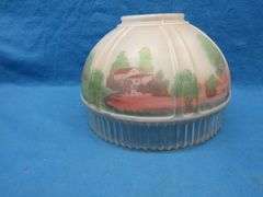 Vintage glass shade with a painted grist mill scene in excellent condition