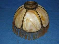 14" caramel slag glass shade with beaded fringe.  Very good condition.