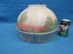 Vintage glass shade with a painted grist mill scene in excellent condition
