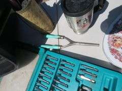 Vintage coffee grinder, driver set, tote, and more