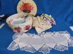 Hat box with dresser scarves, doilies, and more