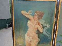 Old bifold painted canvas modesty screen.  Each of the two panels is 66" x 28".  Unsigned. Excellent