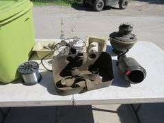 Cast iron utility tray, untested fan, and Kerosene lamp base and tote