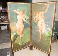Old bifold painted canvas modesty screen.  Each of the two panels is 66" x 28".  Unsigned. Excellent