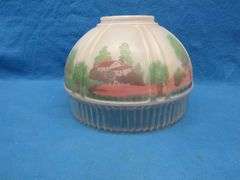 Vintage glass shade with a painted grist mill scene in excellent condition