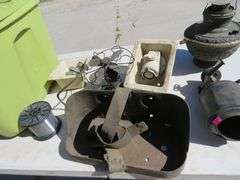 Cast iron utility tray, untested fan, and Kerosene lamp base and tote