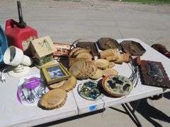 Box lot with wall art, wood cookies, and more