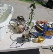 Lamp base, wall decorations, wooden spool, and more, plus tote