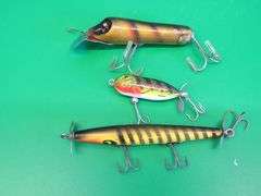 Vintage South Bend wooden 3 1/8" Baby Pike-Oreno  with tack eyes, Smithwick Devils Horse, and a Hedd
