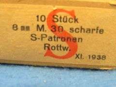 WW2 era German 8mm ammunition in original sleeve.  Includes Waffenamt stamp.