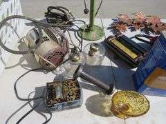 Lamp base, wall decorations, wooden spool, and more, plus tote