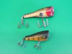 Vintage wooden Paw Paw 2 1/4" Baby Popper # 1200 with tack eyes, and a #2000 Popper with glass eyes.
