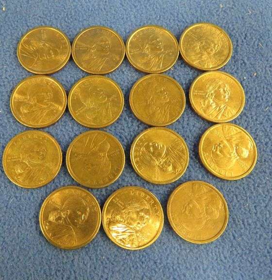 Fifteen Sacagawea gold-colored dollar coins