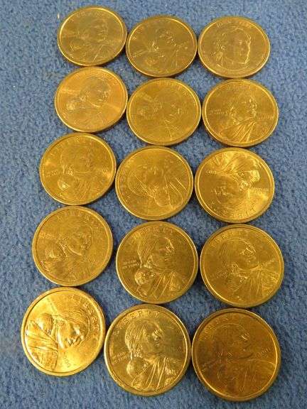 Fifteen Sacagawea gold-colored dollar coins