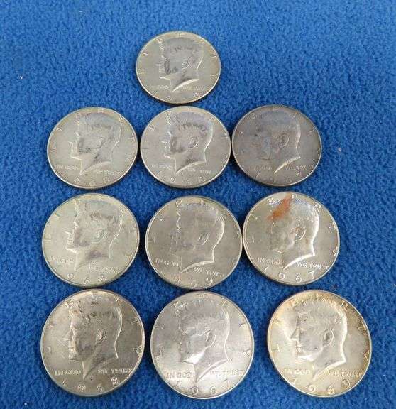 Ten 40% silver Kennedy half dollars