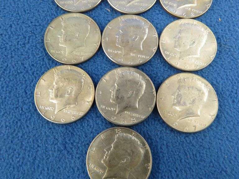 Ten 40% silver Kennedy half dollars