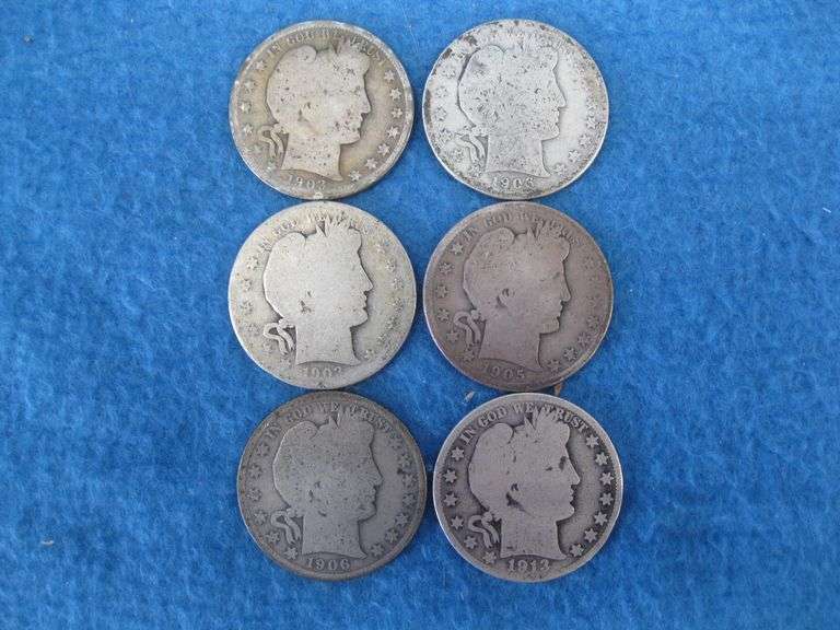 Six Barber Head half dollars in well used condition.  Includes a 1905 O and a 1913 S.
