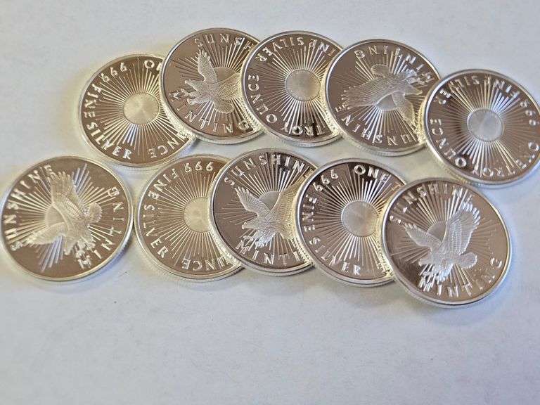 (10) SUNSHINE MINTING ONE TROY OUNCE .999 FINE SILVER ROUNDS