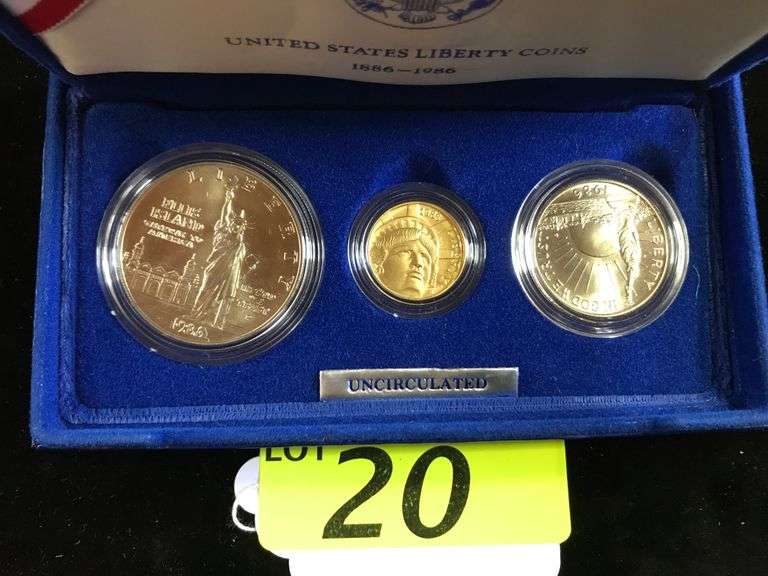 UNCIRCULATED 1986 UNITED STATES LIBERTY COINS, 3 COIN SET: LIBERTY GOLD FIVE DOLLAR
