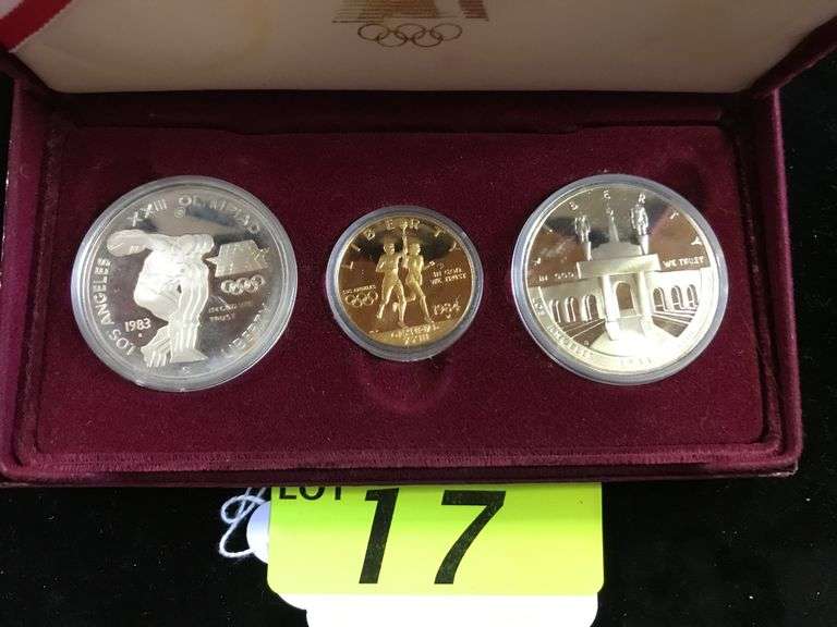 PROOF 1984 UNITED STATES SILVER & GOLD OLYMPIC 3 COIN SET, OLYMPIC GOLD TEN DOLLAR