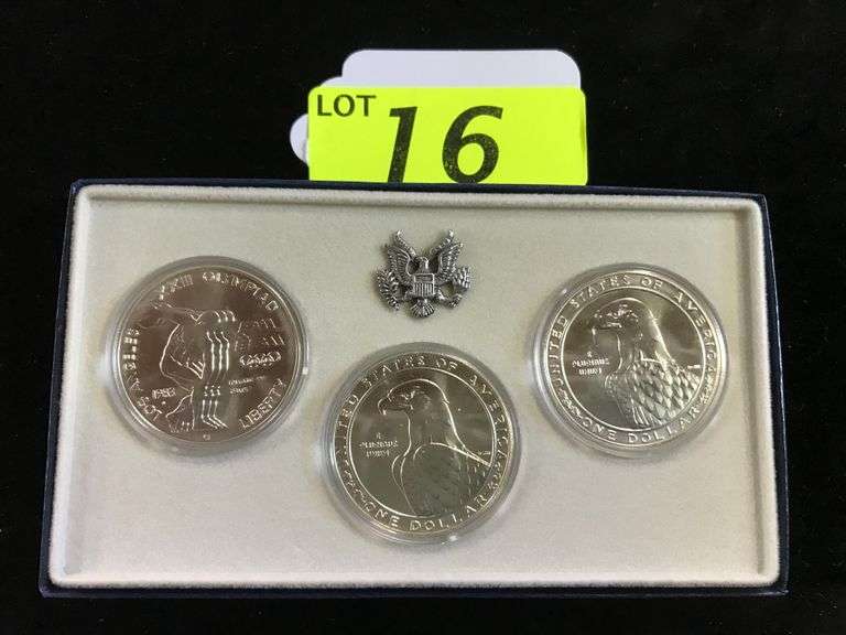 UNCIRCULATED 1983 OLYMPIC SILVER DOLLAR 3 COIN SET "P", "D", "S", .900 FINE .86 TROY OZ EACH
