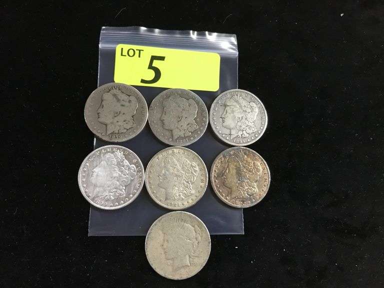 (7) CIRCULATED SILVER DOLLARS, MORGANS 1879-S, 1891-??, 1894-O, 1899-O, 1921-D, ALTERED DATE, PEACE 