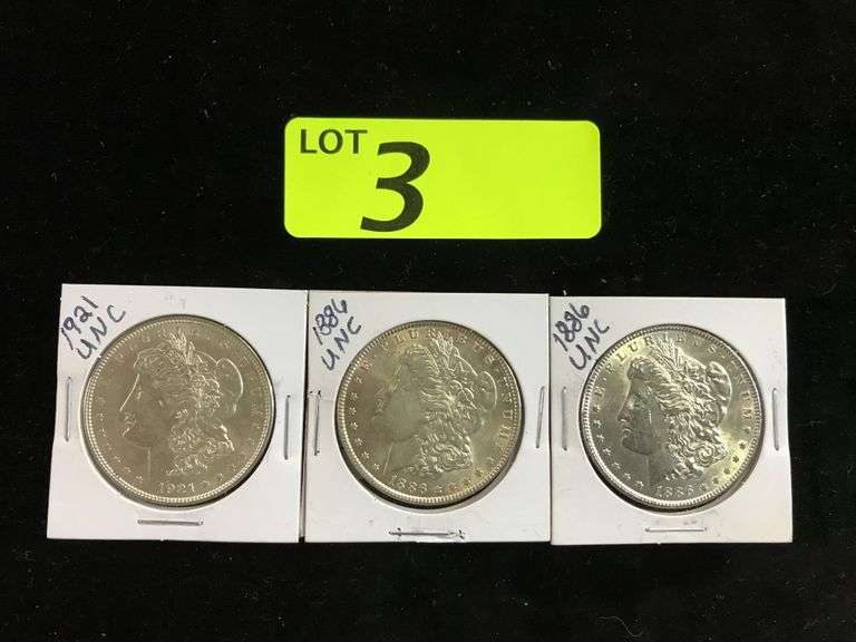 3 MORGAN SILVER DOLLARS, (2) 1886, (1) 1921