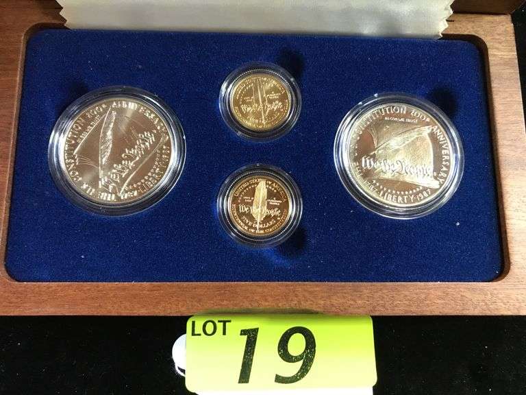PROOF & UNCIRCULATED 1987 UNITED STATES CONSTITUTION SILVER DOLLAR & GOLD FIVE DOLLAR 4 COIN SET,