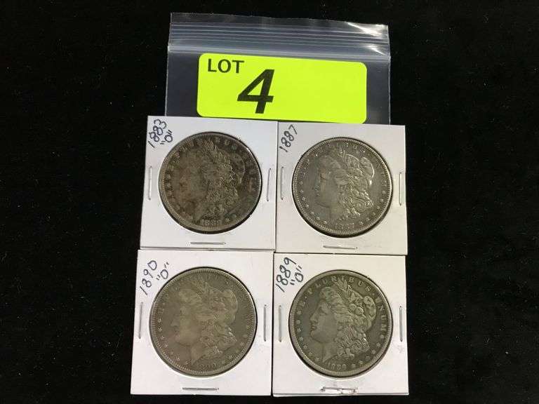 (4) CIRCULATED MORGAN SILVER DOLLARS, 1883-O, 1887, 1889-O, 1890-O