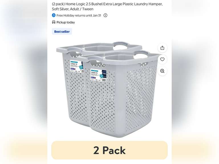 (2 pack) Home Logic 2.5 Bushel Extra Large Plastic Laundry Hamper, Soft Silver, Adult / Tween