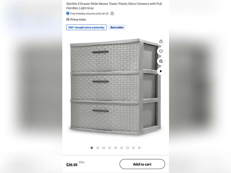 Sterilite 3 Drawer Wide Weave Tower, Plastic Décor Drawers with Pull Handles, Light Gray