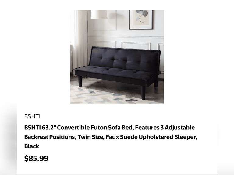 BSHTI 63.2" Convertible Futon Sofa Bed, Features 3 Adjustable Backrest Positions, Twin Size, Faux Su