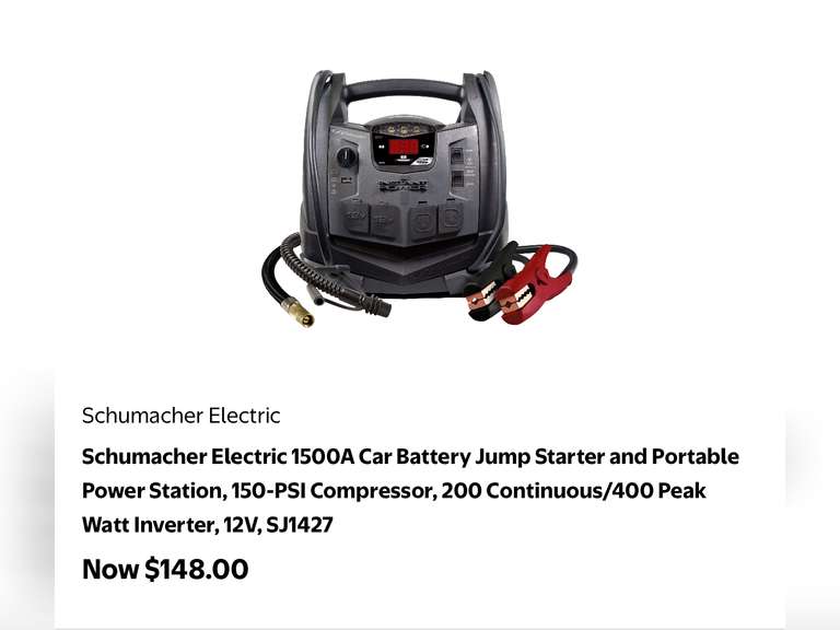 Schumacher Electric 1500A Car Battery Jump Starter and Portable Power Station, 150-PSI Compressor, 2