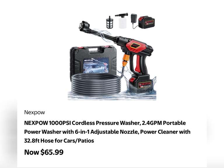 NEXPOW 1000PSI Cordless Pressure Washer,with 6-in-1 Adjustable Nozzle, 32.8ft Hose for Cars/Patios