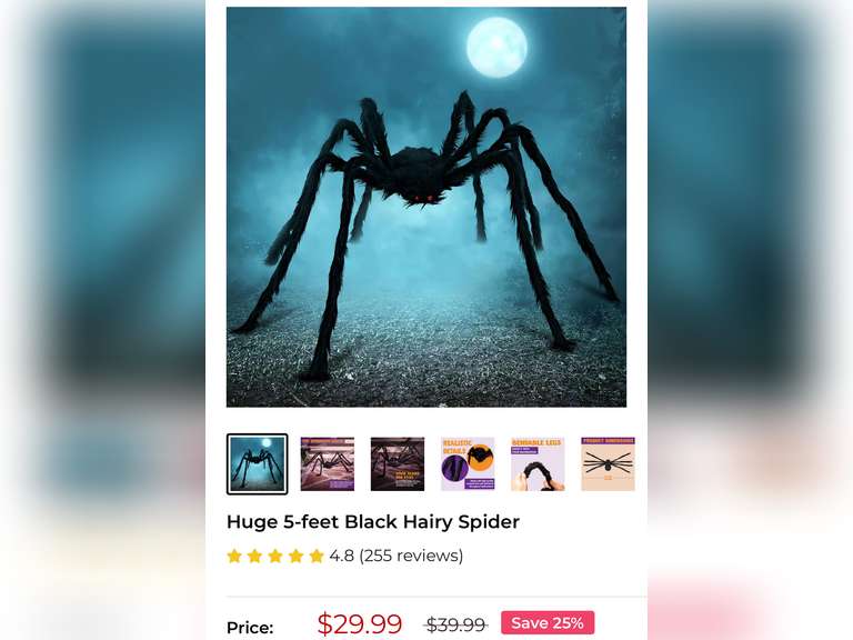 🕷️ Huge 5-Foot Black Hairy Spider (Set of 2 )