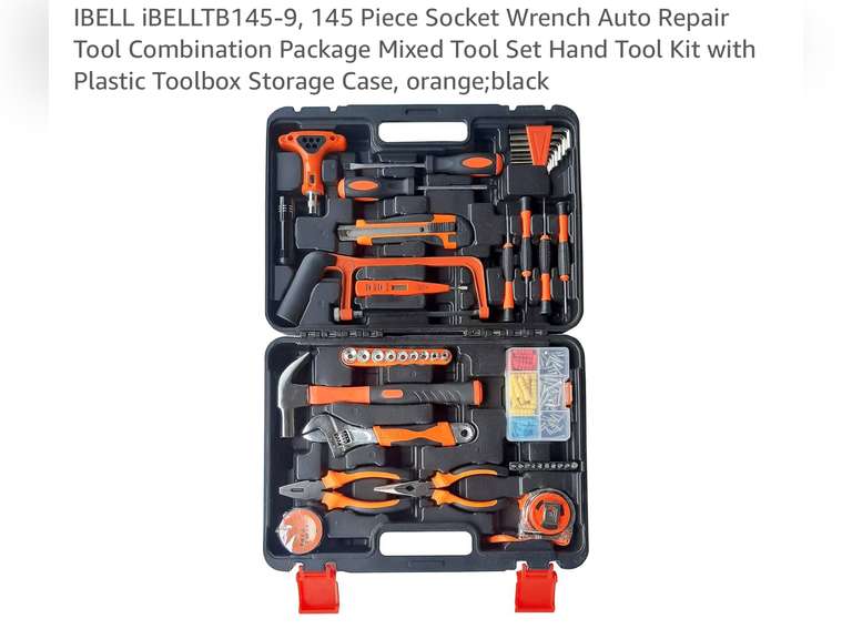 IBELL 145 Piece Socket Wrench with Plastic Toolbox Storage Case, Orange/Black