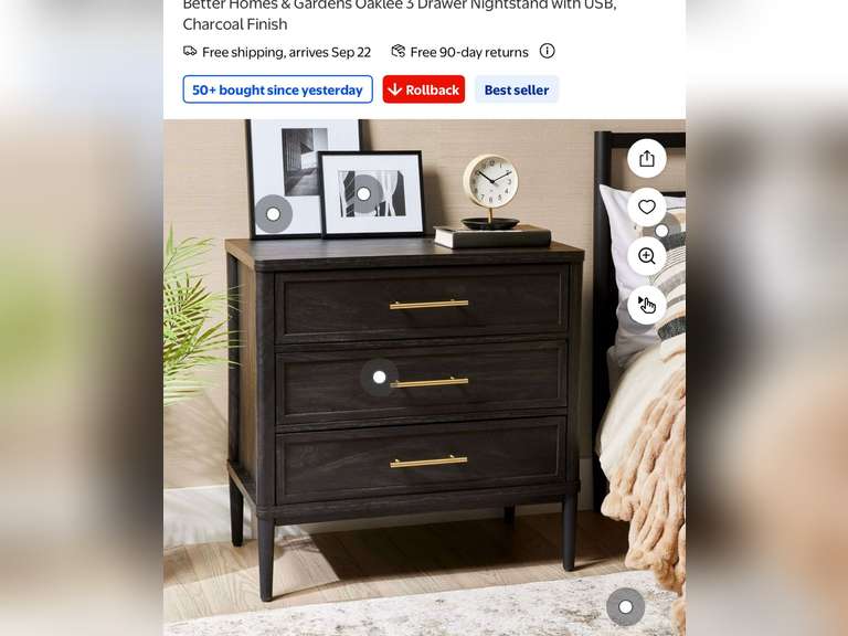 Better Homes & Gardens Oaklee 3 Drawer Nightstand with USB, Charcoal Finish