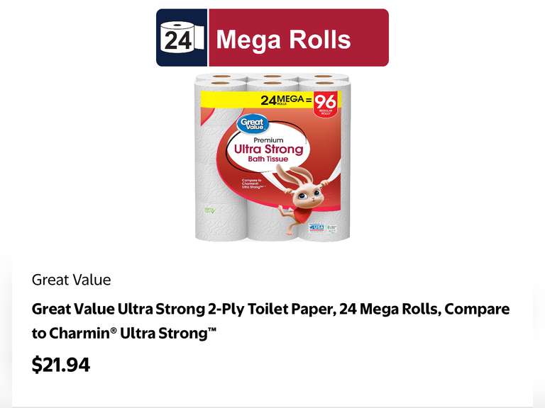 Great Value Ultra Strong 2-Ply Toilet Paper, 24 Mega Rolls, Compare to Charmin Ultra Strong