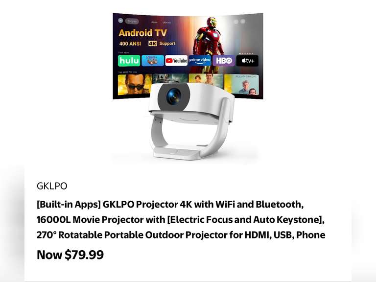 [Built-in Apps] GKLPO Projector 4K with WiFi and Bluetooth 270° Rotatable Portable Outdoor Projector