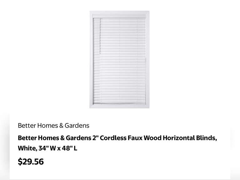 Better Homes & Gardens 2" Cordless Faux Wood Horizontal Blinds, White, 34" W x 48" L (SET OF 2 )