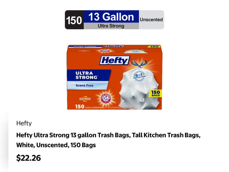 Hefty Ultra Strong 13 gallon Trash Bags, Tall Kitchen Trash Bags, White, Unscented, 150 Bags