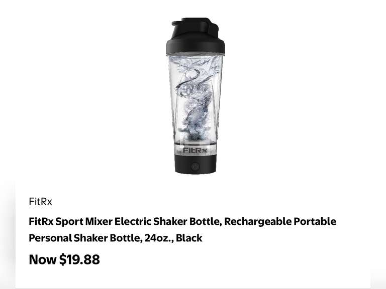 FitRx Sport Mixer Electric Shaker Bottle, Rechargeable Portable Personal Shaker Bottle, 24oz., Black