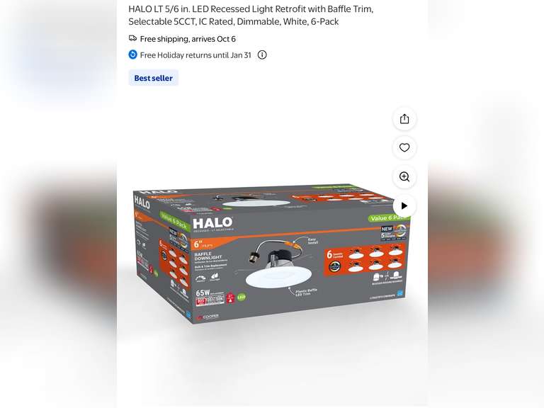 HALO LT 5/6 in. LED Recessed Light Retrofit with Baffle Trim, Selectable 5CCT, IC Rated, Dimmable, W