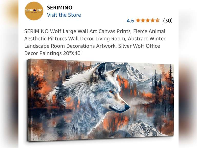 SERIMINO Wolf Large Wall Art Canvas 20"X40"