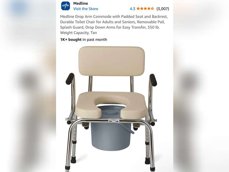 Medline Drop Arm Commode with Padded Seat and Backrest
