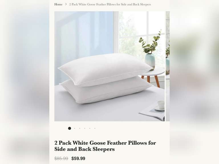 Home 2 Pack White Goose Feather Pillows for Side and Back Sleepers